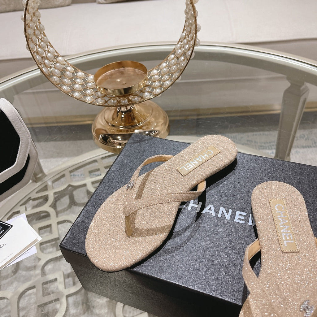 Chanel Double Rhinestone Flip Flop Thongs Beige Cream Sheepskin