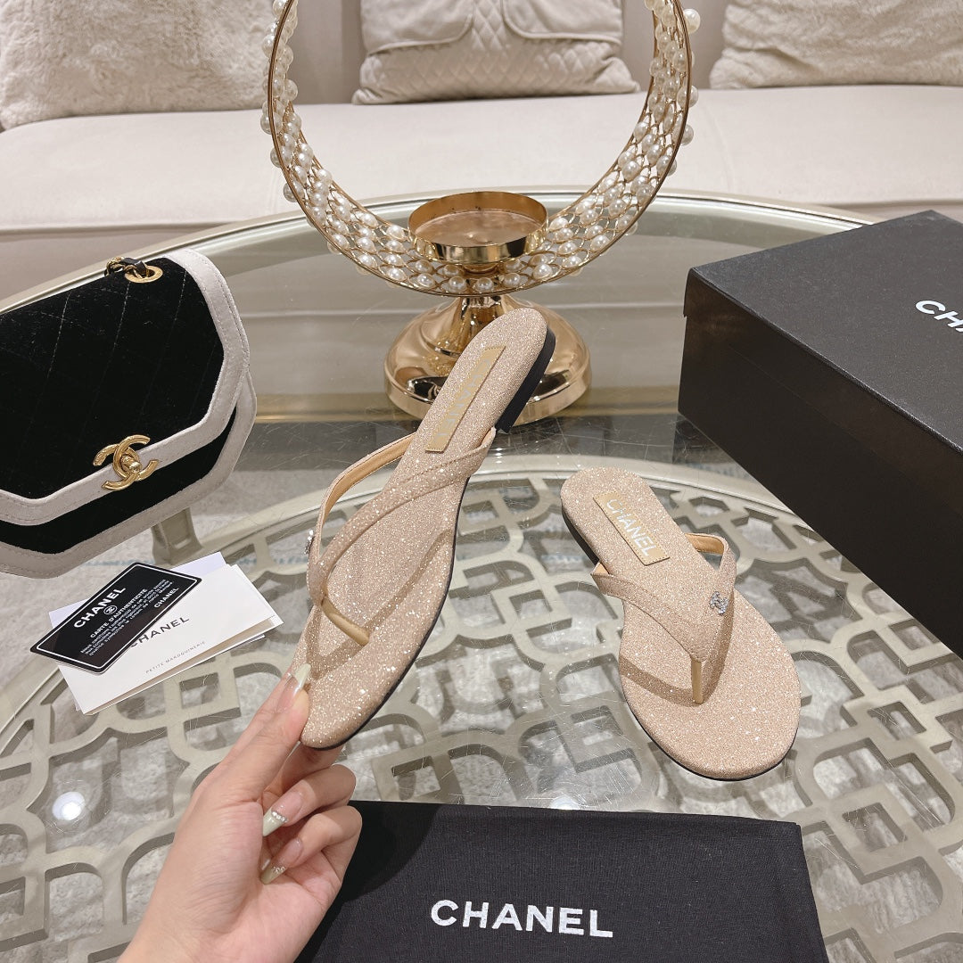 Chanel Double Rhinestone Flip Flop Thongs Beige Cream Sheepskin