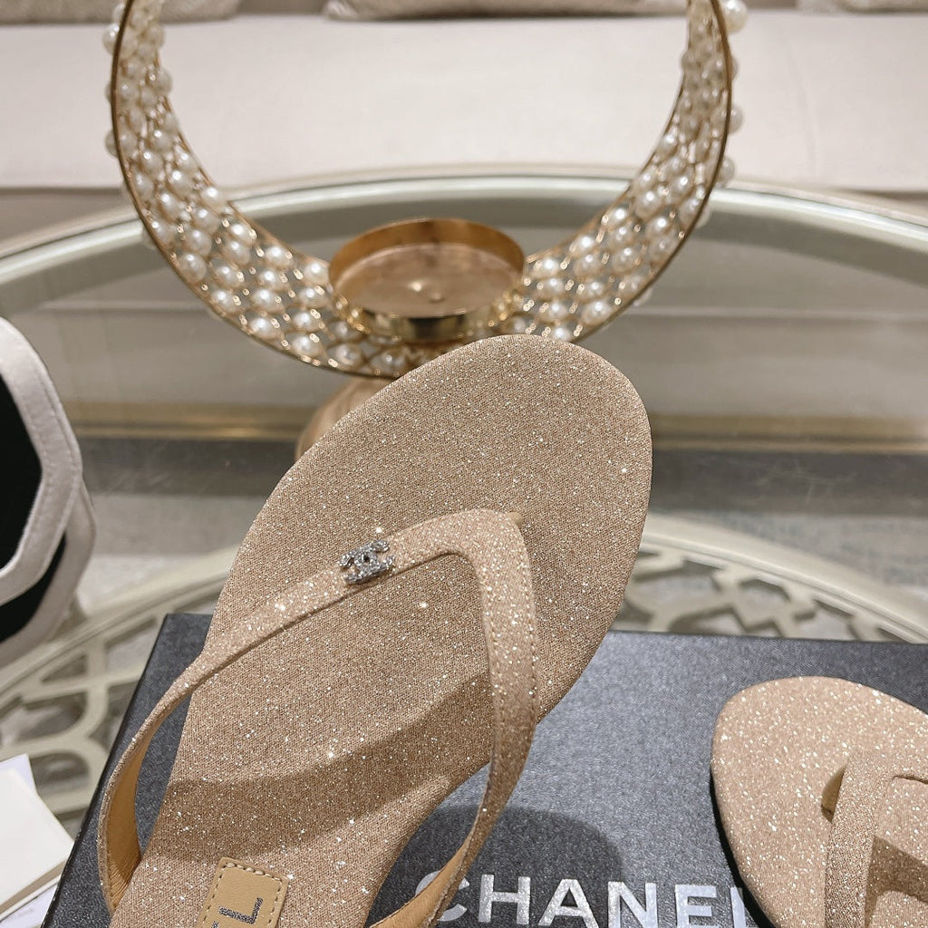 Chanel Double Rhinestone Flip Flop Thongs Beige Cream Sheepskin