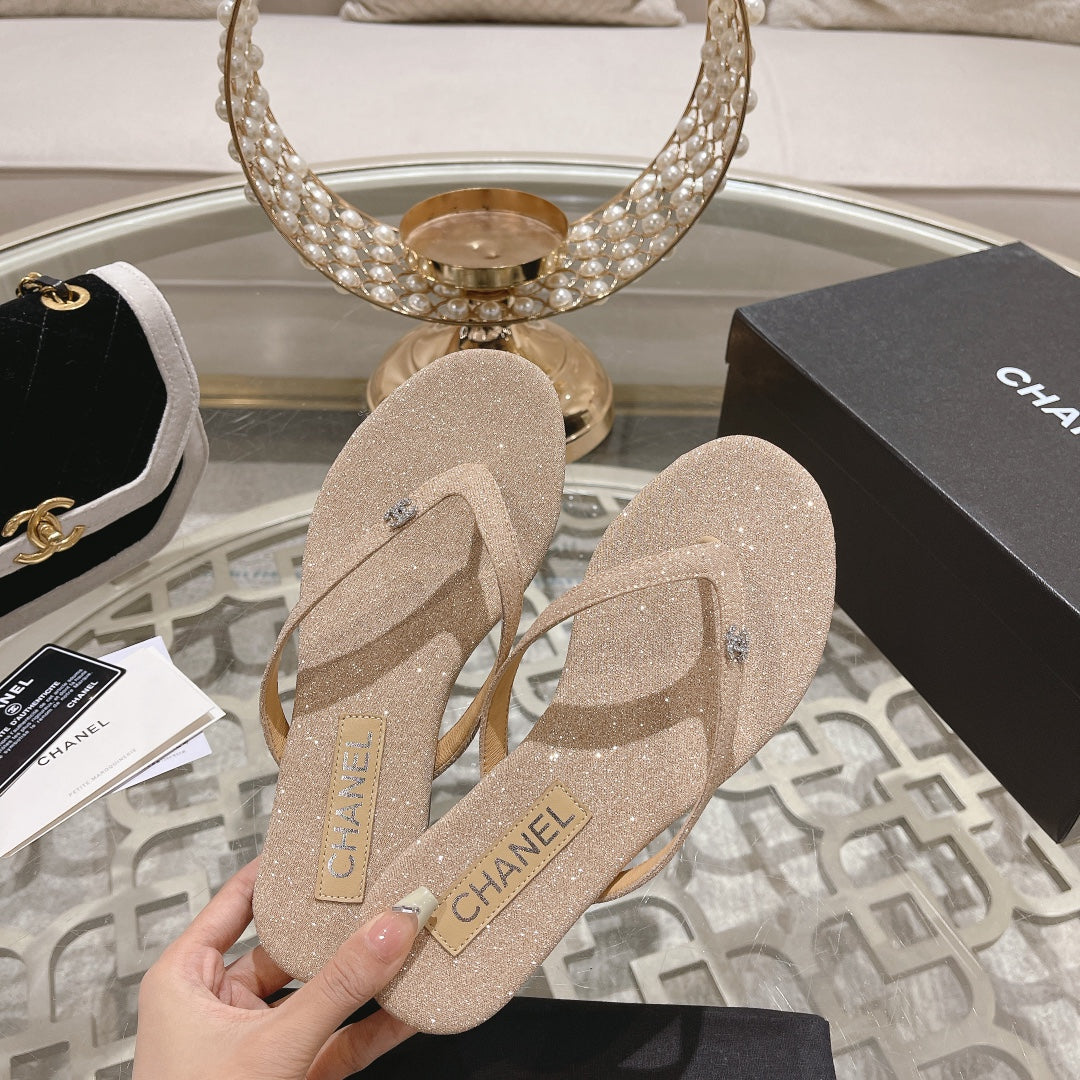 Chanel Double Rhinestone Flip Flop Thongs Beige Cream Sheepskin