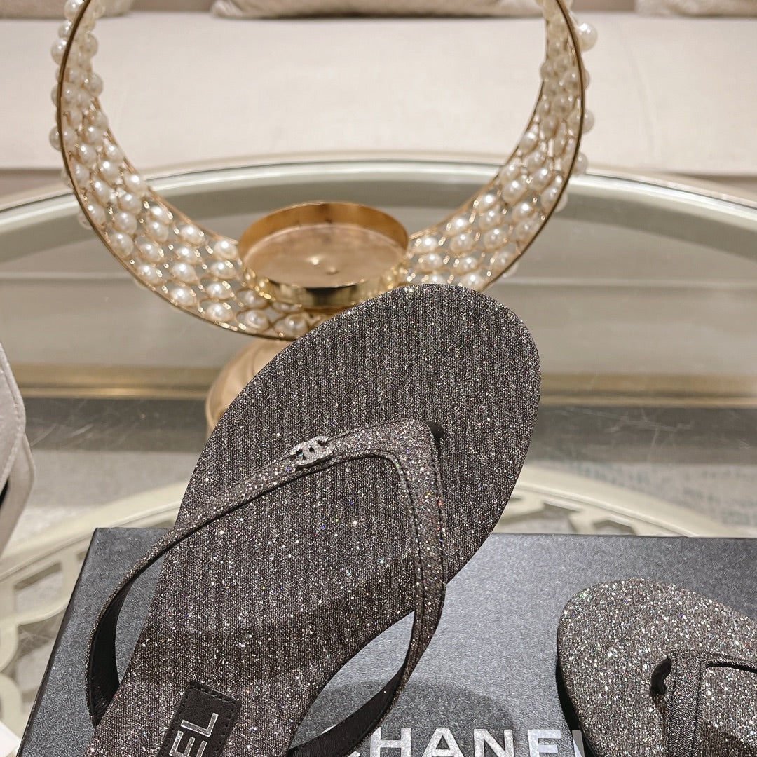 Chanel Double Rhinestone Flip Flop Thongs Dark Gray Sheepskin