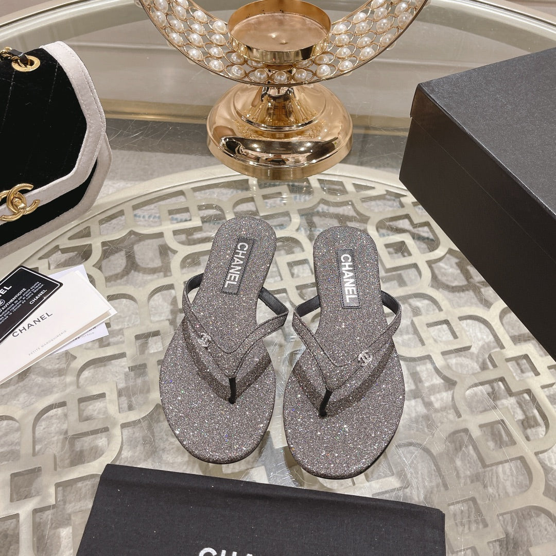Chanel Double Rhinestone Flip Flop Thongs Dark Gray Sheepskin