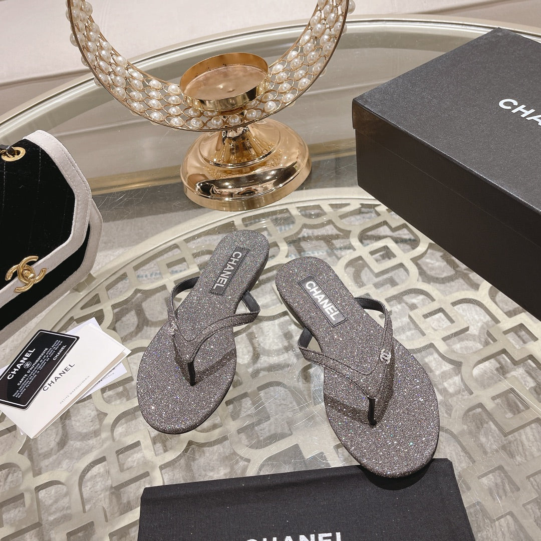 Chanel Double Rhinestone Flip Flop Thongs Dark Gray Sheepskin