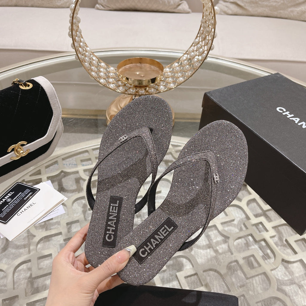 Chanel Double Rhinestone Flip Flop Thongs Dark Gray Sheepskin
