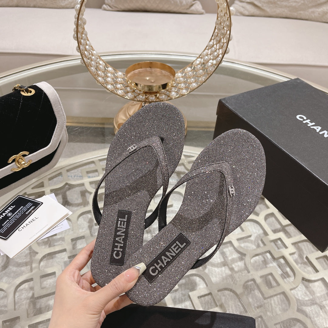 Chanel Double Rhinestone Flip Flop Thongs Dark Gray Sheepskin