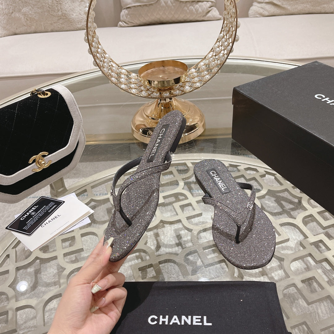Chanel Double Rhinestone Flip Flop Thongs Dark Gray Sheepskin