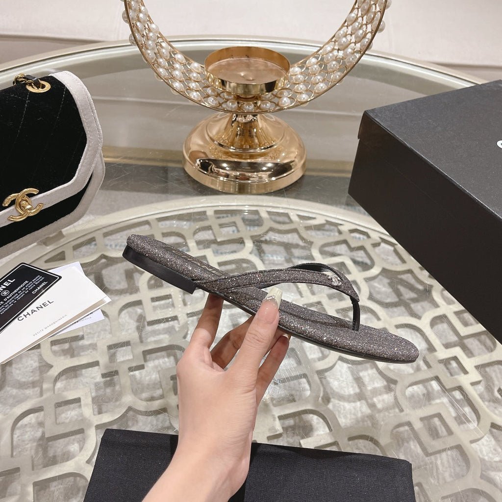 Chanel Double Rhinestone Flip Flop Thongs Dark Gray Sheepskin