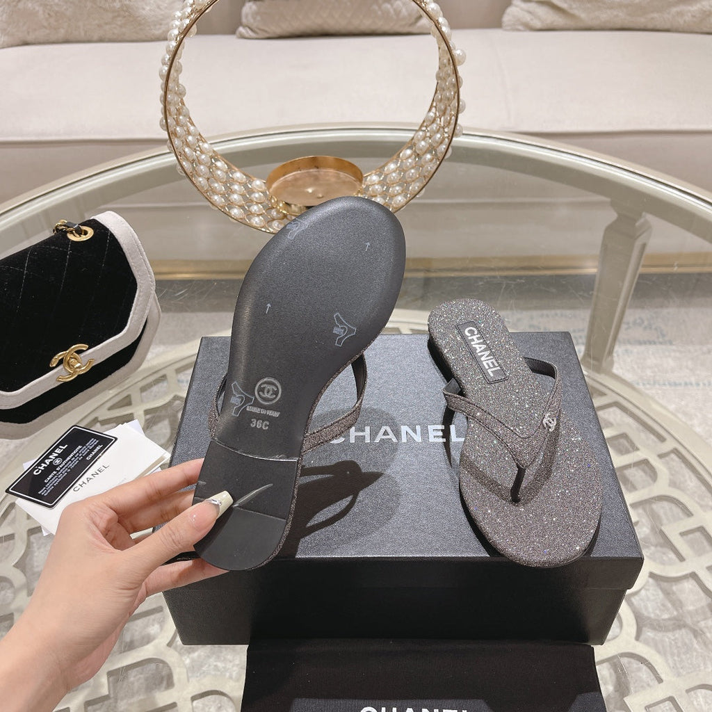 Chanel Double Rhinestone Flip Flop Thongs Dark Gray Sheepskin