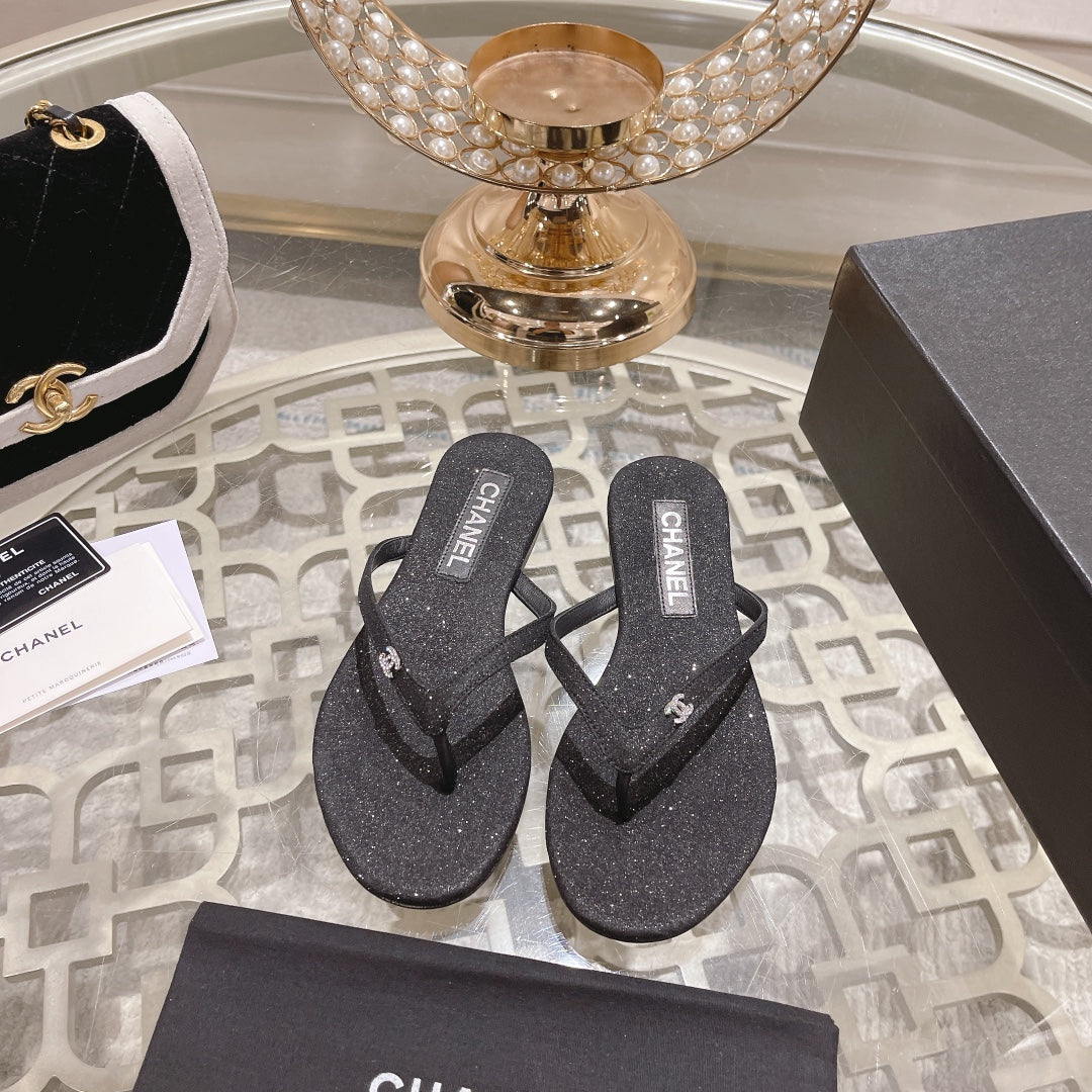 Chanel Double Rhinestone Flip Flop Thongs Black Sheepskin