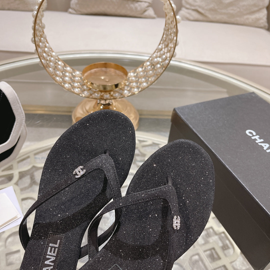 Chanel Double Rhinestone Flip Flop Thongs Black Sheepskin
