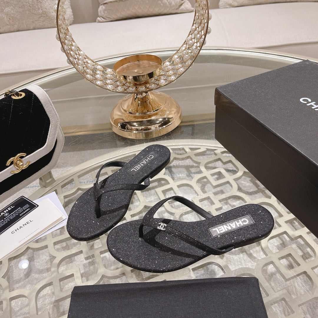 Chanel Double Rhinestone Flip Flop Thongs Black Sheepskin