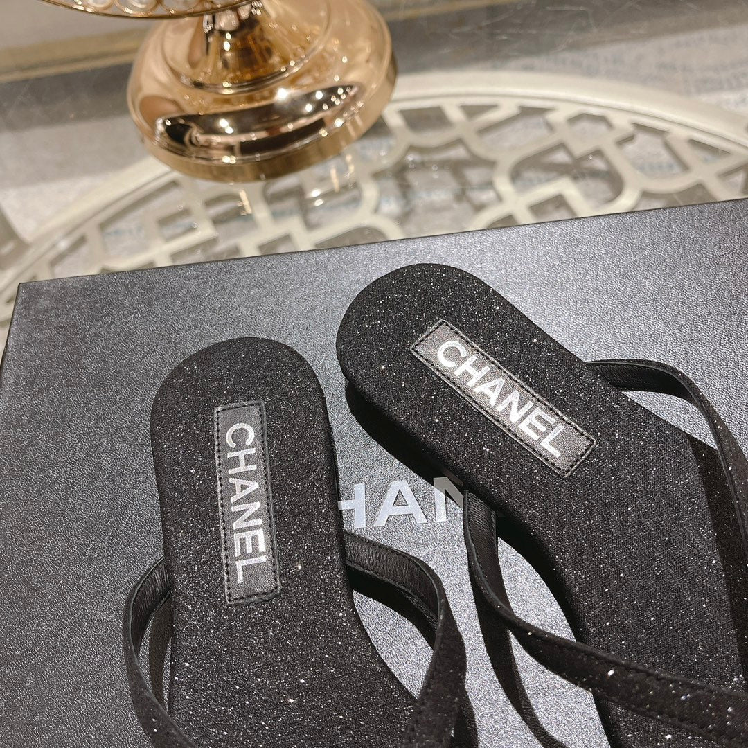 Chanel Double Rhinestone Flip Flop Thongs Black Sheepskin