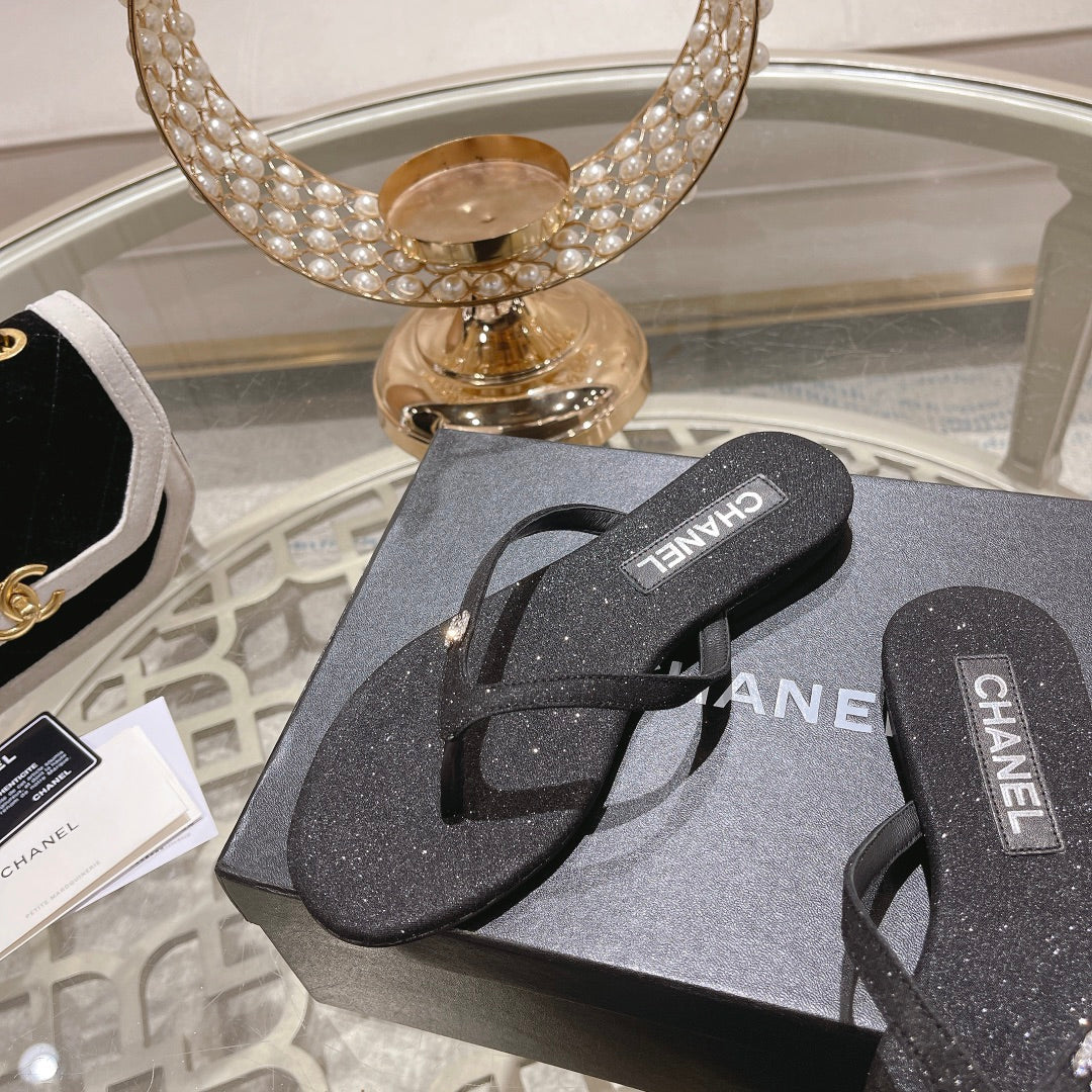 Chanel Double Rhinestone Flip Flop Thongs Black Sheepskin