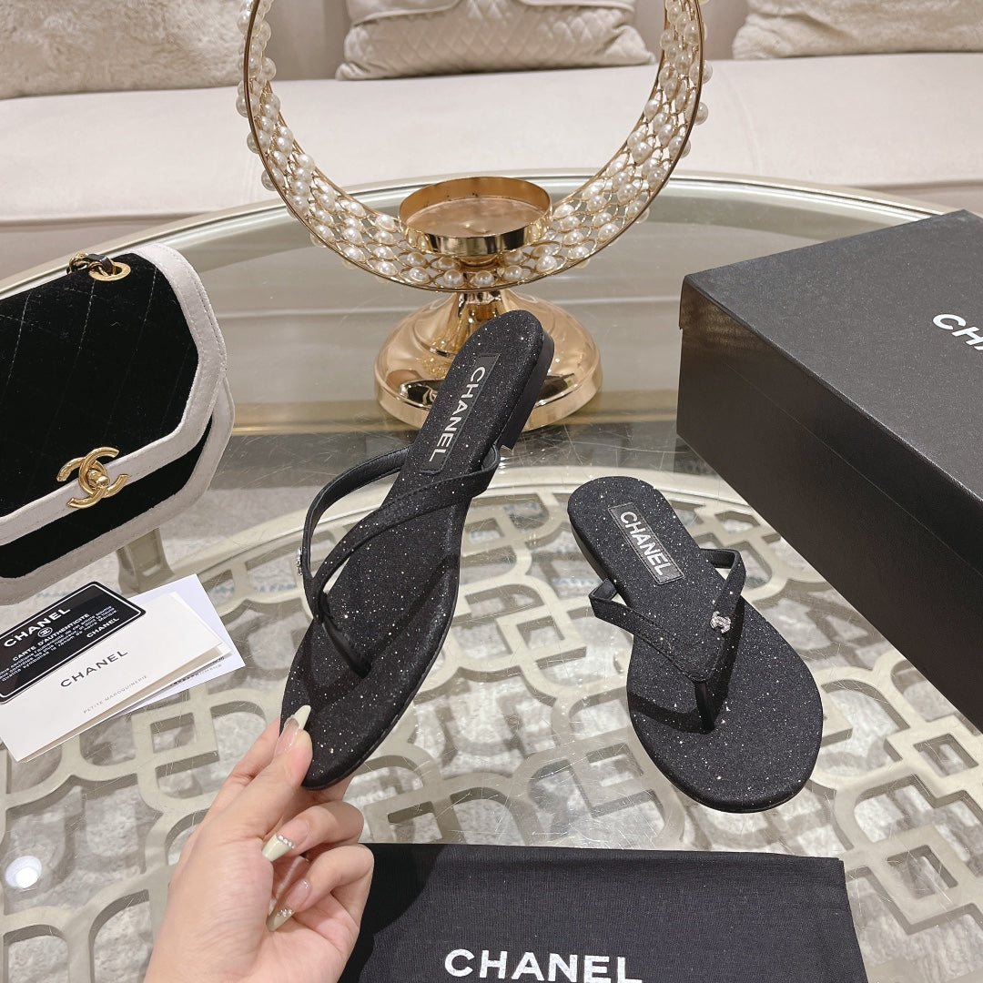 Chanel Double Rhinestone Flip Flop Thongs Black Sheepskin