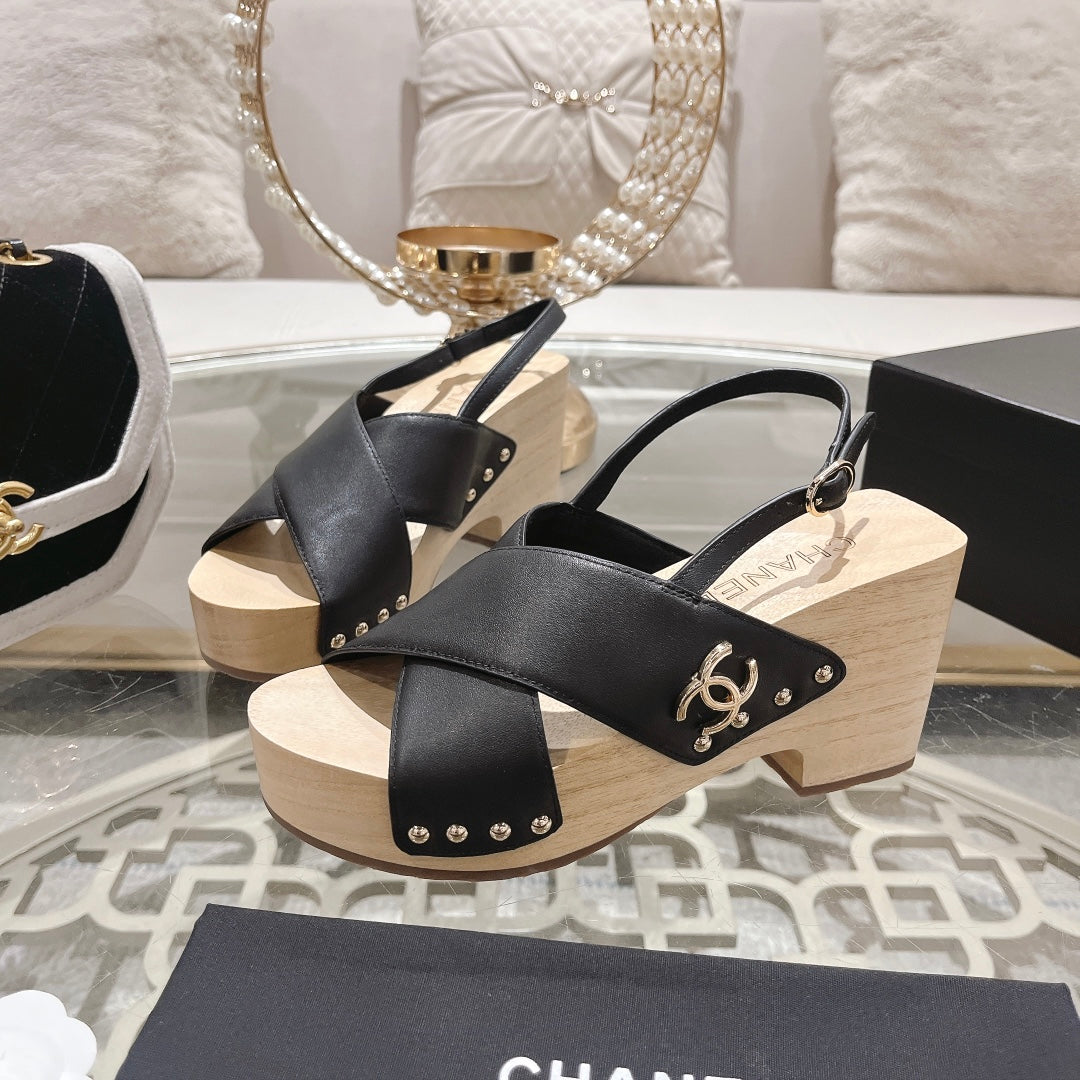 Chanel Double Wood Grain Platform Sandals Black Sheepskeen
