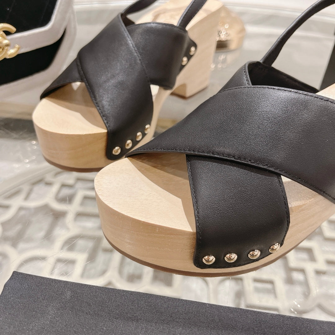 Chanel Double Wood Grain Platform Sandals Black Sheepskeen