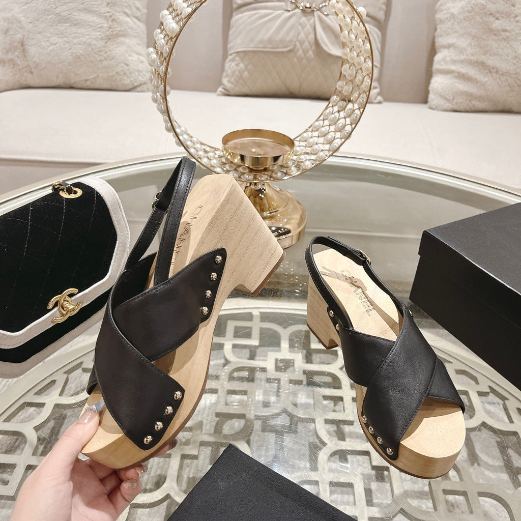 Chanel Double Wood Grain Platform Sandals Black Sheepskeen