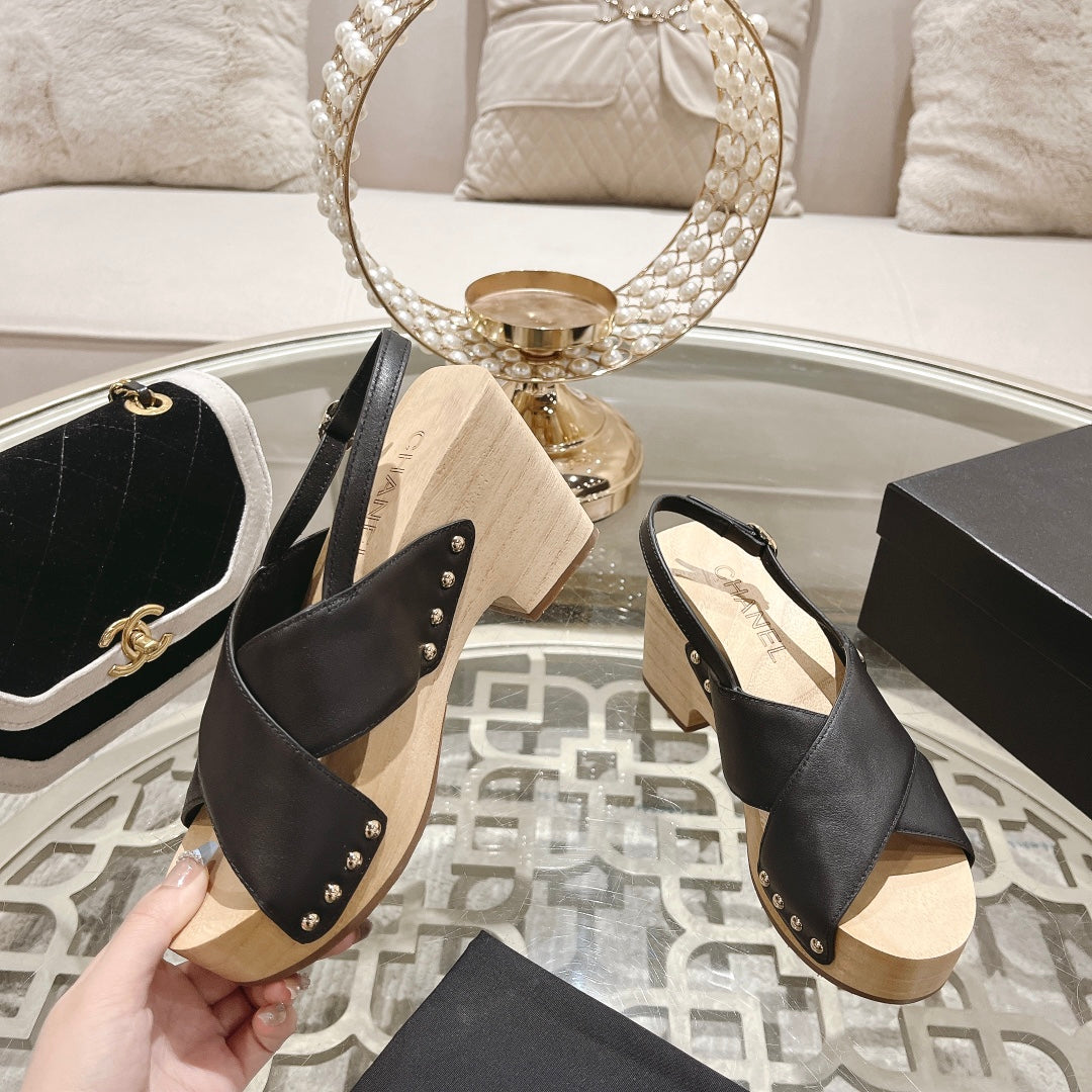 Chanel Double Wood Grain Platform Sandals Black Sheepskeen