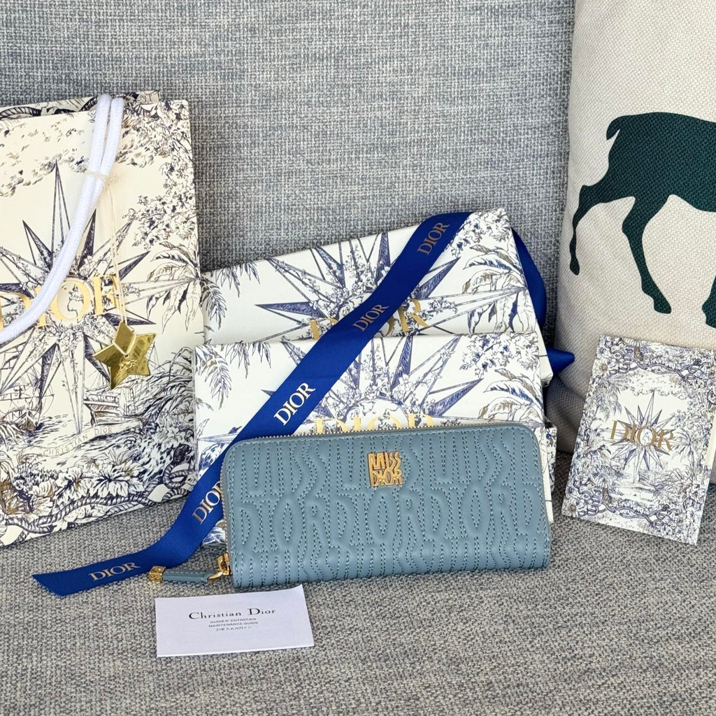 Dior Vertical Long Zip Wallet 20 in Baby Blue Quilted Allover Calfskin