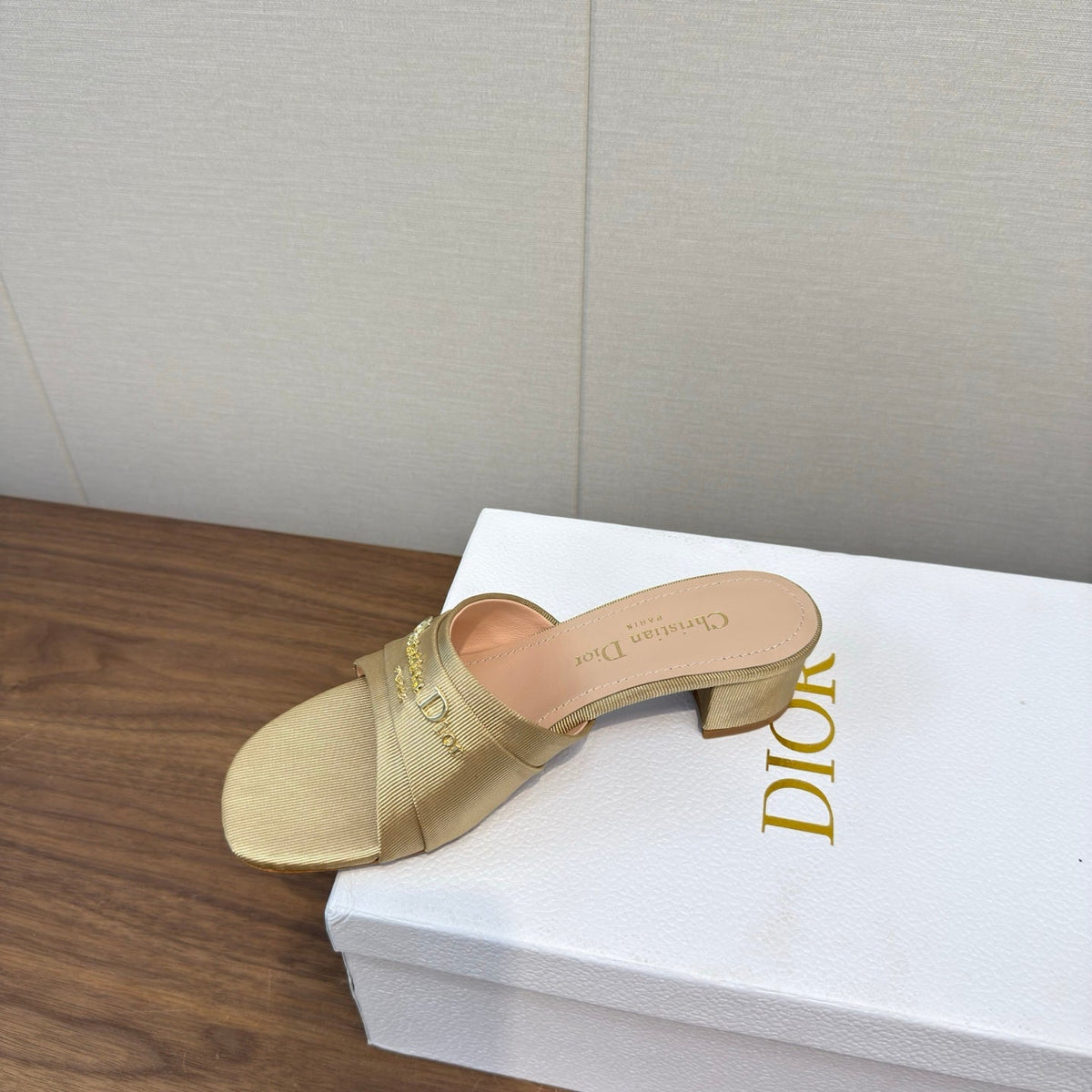 Dior High Heel 25S 45 mm in Beige Fabric with Gold Hardware