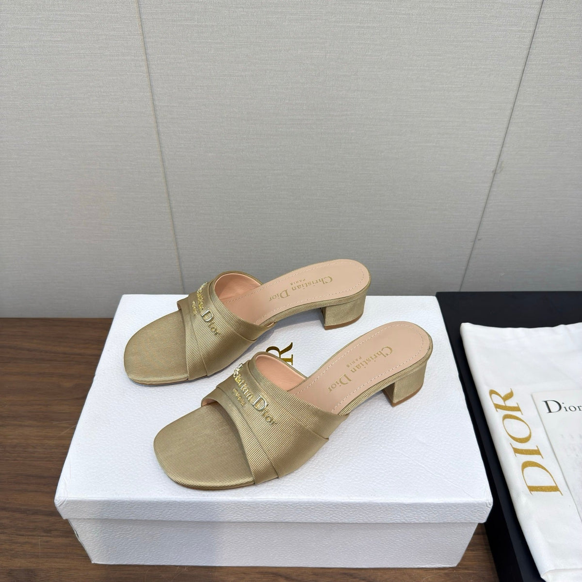 Dior High Heel 25S 45 mm in Beige Fabric with Gold Hardware