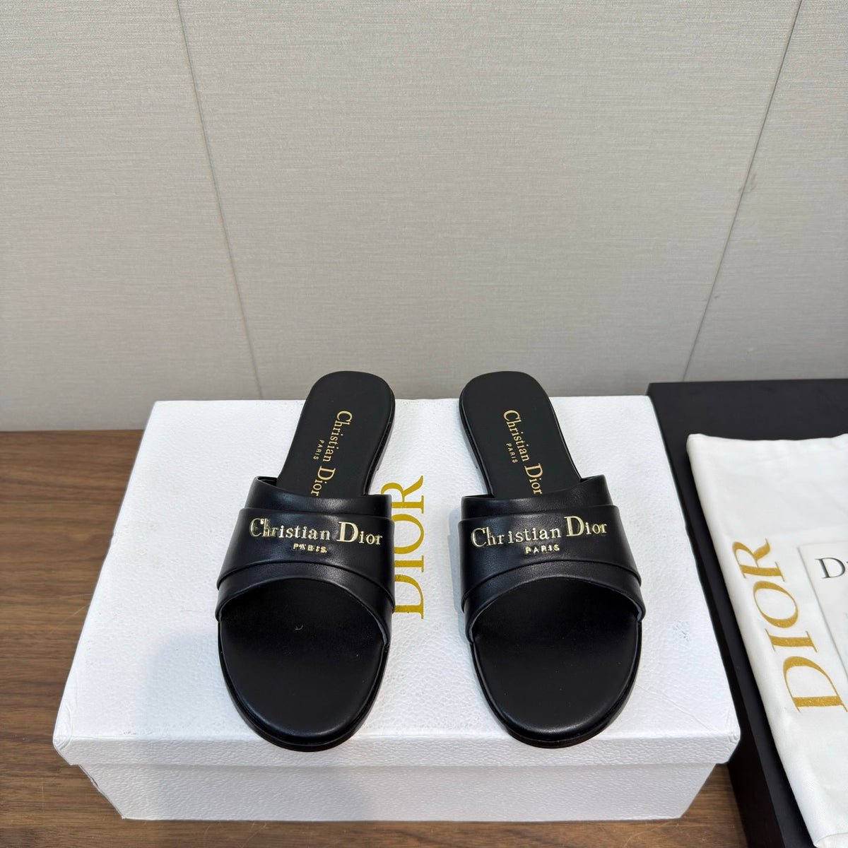 Dior Sandal 25S in Black Lambskin with Gold Hardware