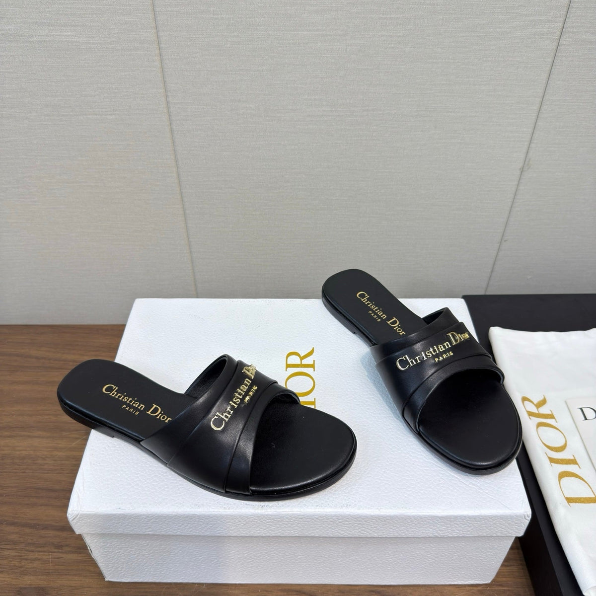 Dior Sandal 25S in Black Lambskin with Gold Hardware