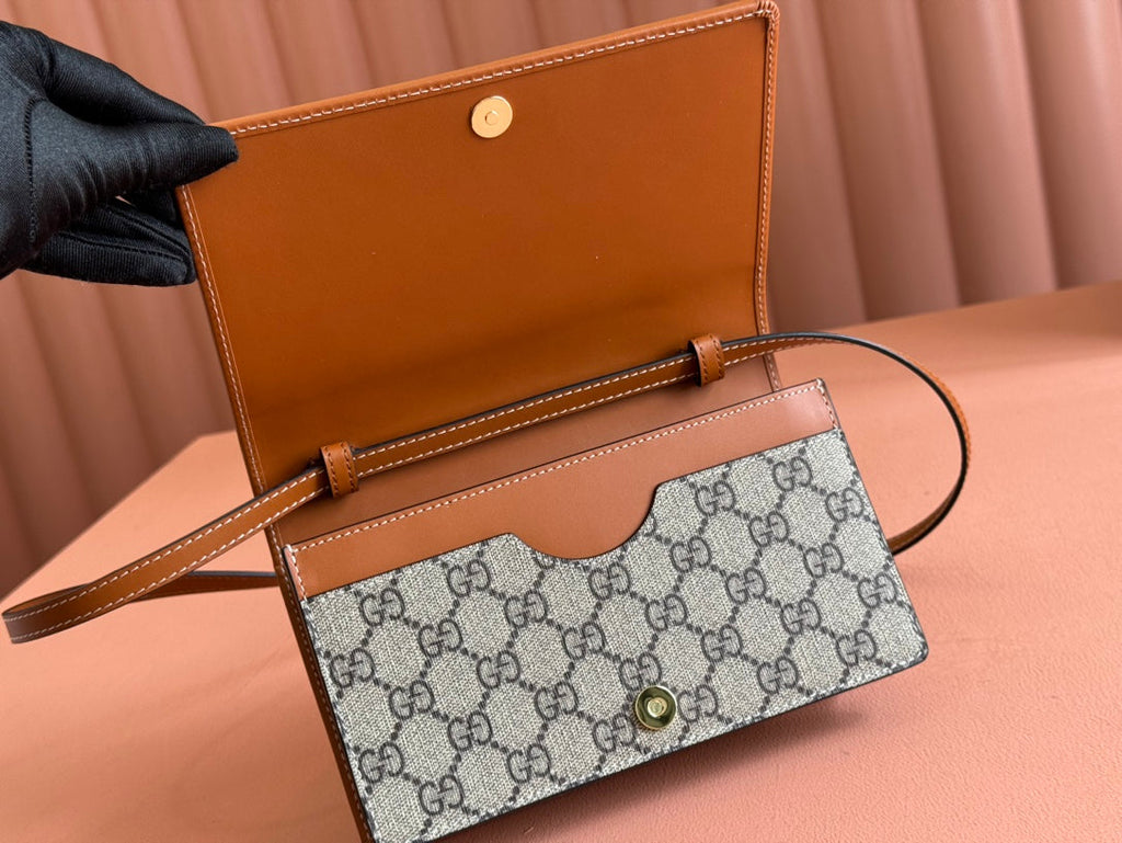 Gucci Emblem Wallet Monogram 20 in Beige and Dark Brown Calfskin