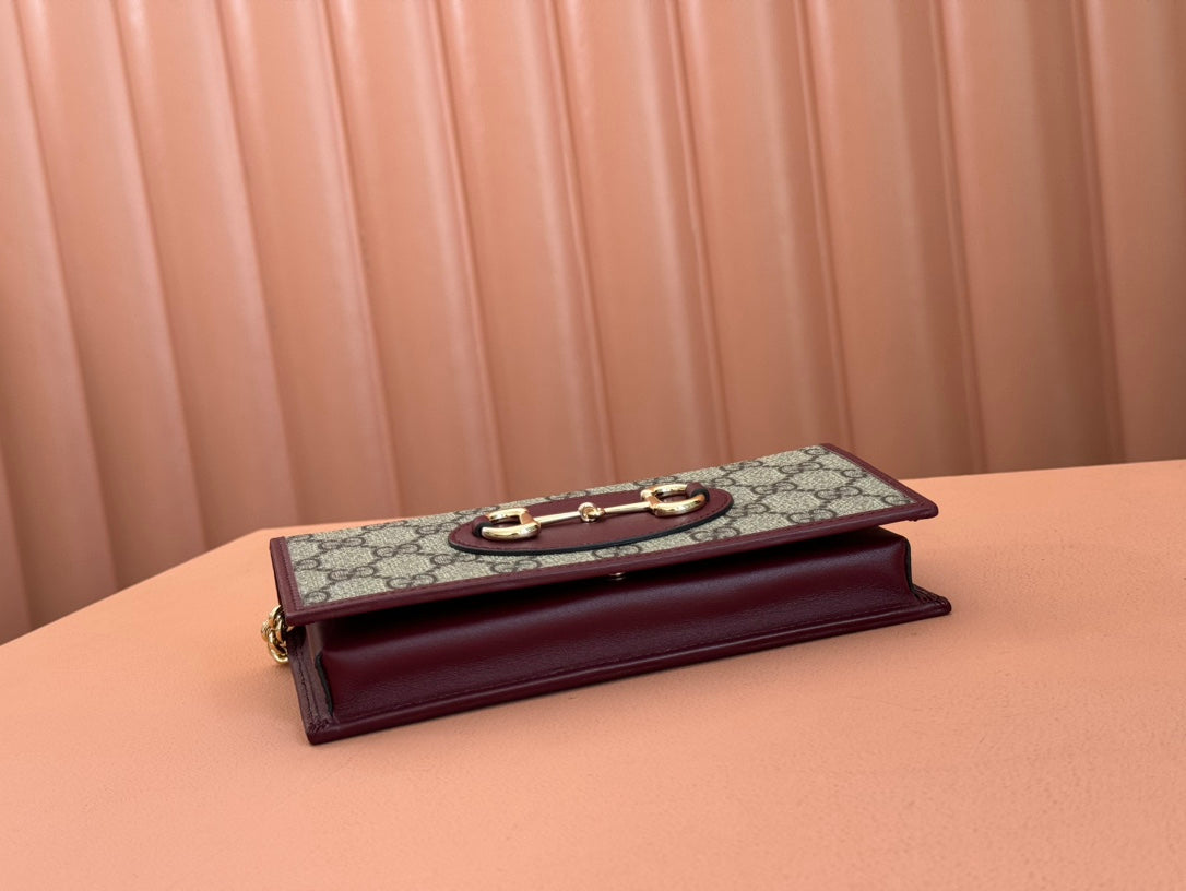 Gucci Horsebit 1955 Wallet On Chain 19 in Beige Dark Brown New and Rosso Ancora Red Calfskin