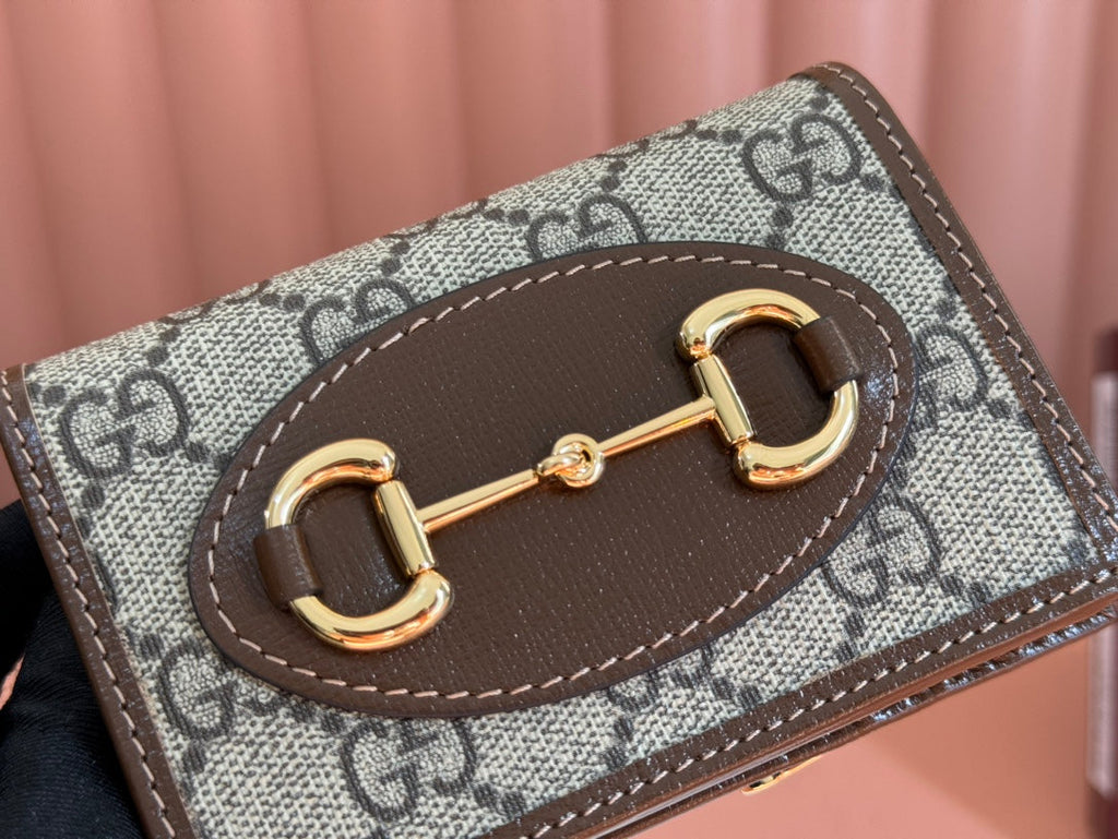Gucci Horsebit 1955 Card Case Wallet 11.5 in Beige Ebony Canvas Brown Calfskin