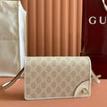Gucci Emblem Wallet Monogram 20 in Beige and White Smooth Calfskin