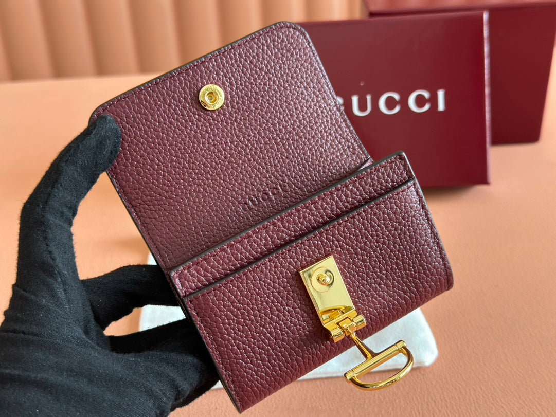 Gucci Softbit Card Case 10.5 in Rosso Ancora Red Grainy Calfskin Gold Hardware
