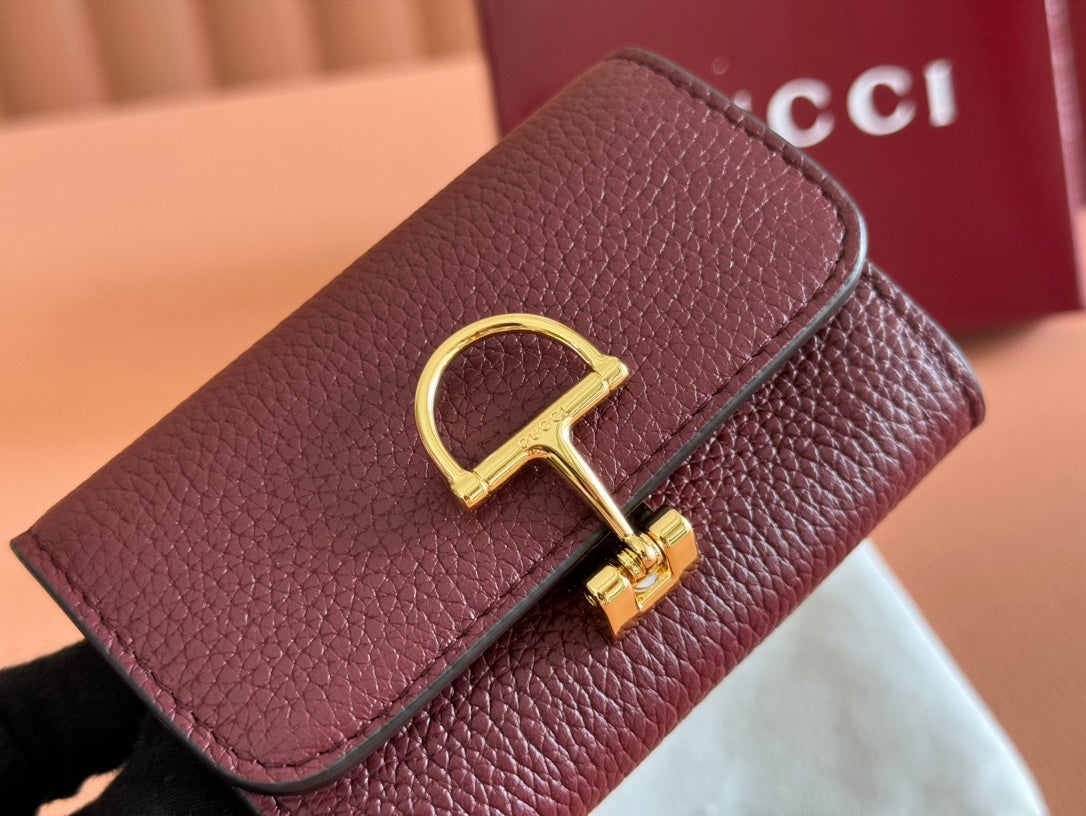 Gucci Softbit Card Case 10.5 in Rosso Ancora Red Grainy Calfskin Gold Hardware