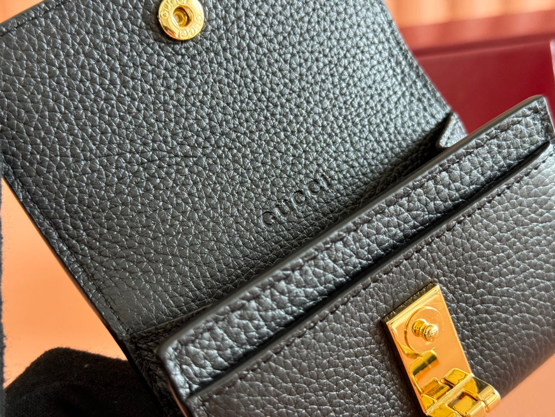 Gucci Softbit Card Case 10.5 in Black Grainy Calfskin Gold Hardware
