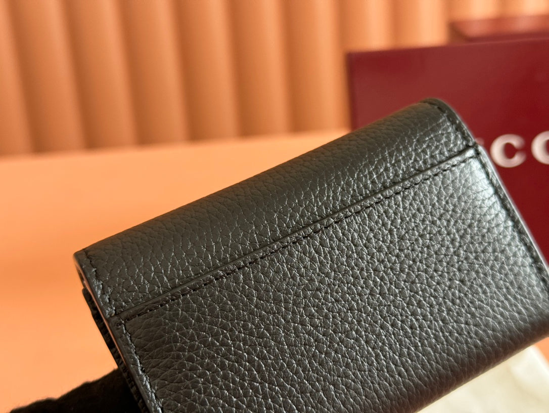 Gucci Softbit Card Case 10.5 in Black Grainy Calfskin Gold Hardware