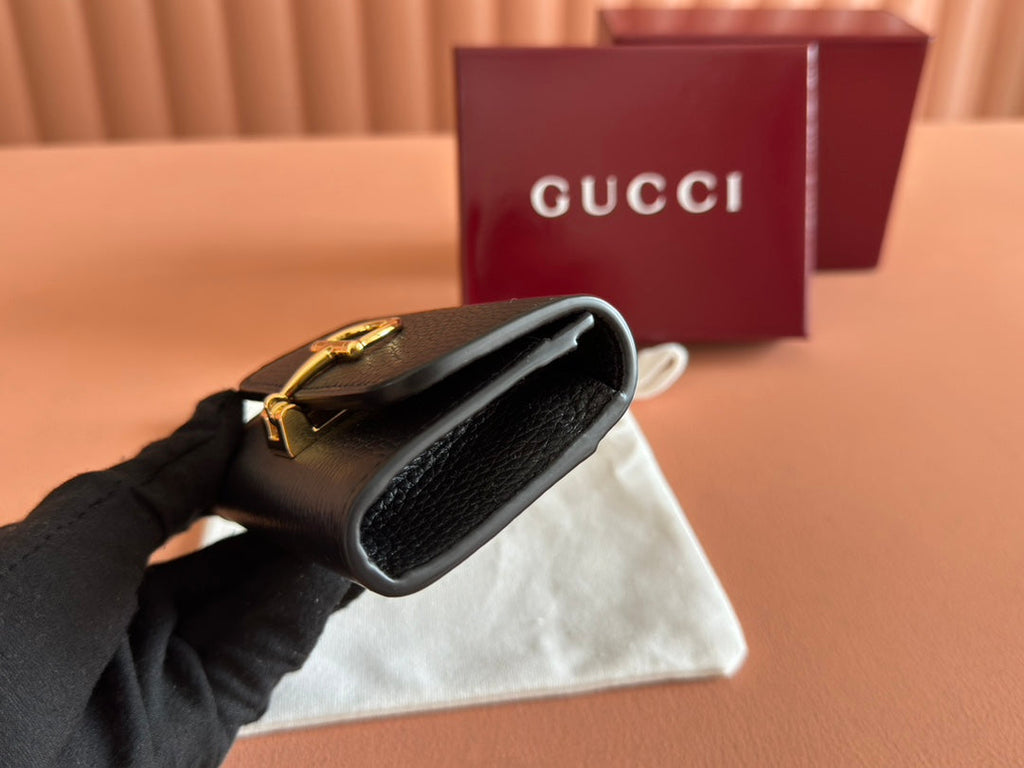 Gucci Softbit Card Case 10.5 in Black Grainy Calfskin Gold Hardware