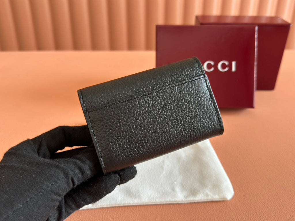 Gucci Softbit Card Case 10.5 in Black Grainy Calfskin Gold Hardware