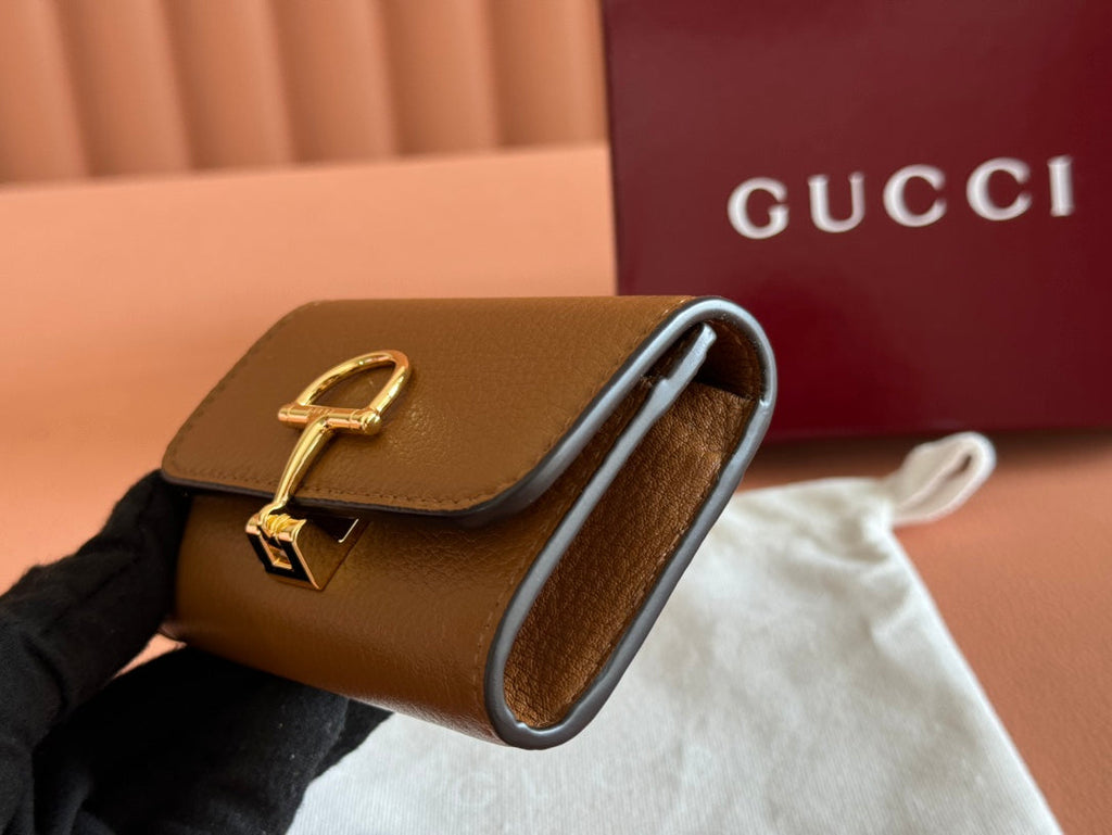 Gucci Softbit Card Case 10.5 in Brown Grainy Calfskin Gold Hardware