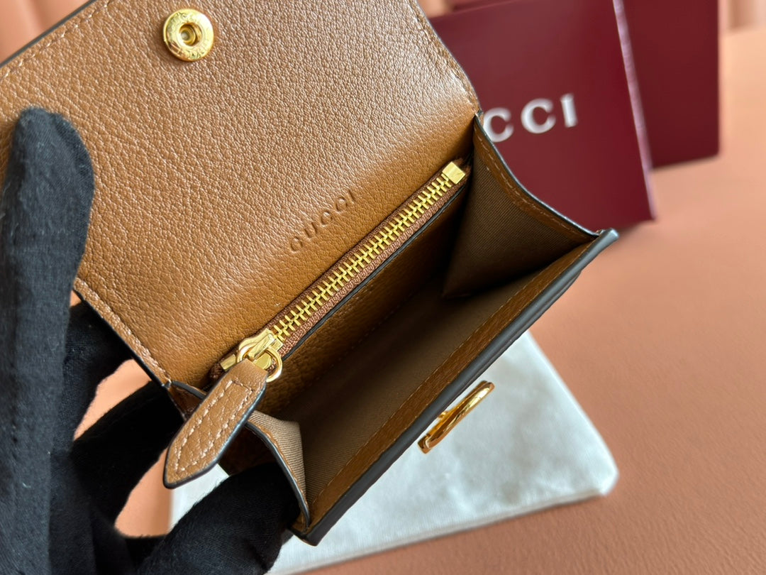 Gucci Softbit Card Case 10.5 in Brown Grainy Calfskin Gold Hardware