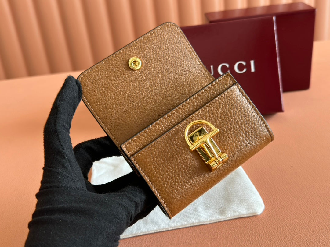 Gucci Softbit Card Case 10.5 in Brown Grainy Calfskin Gold Hardware