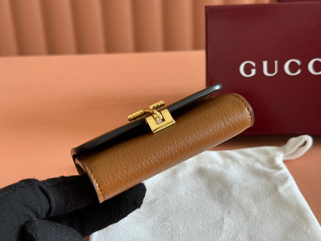 Gucci Softbit Card Case 10.5 in Brown Grainy Calfskin Gold Hardware