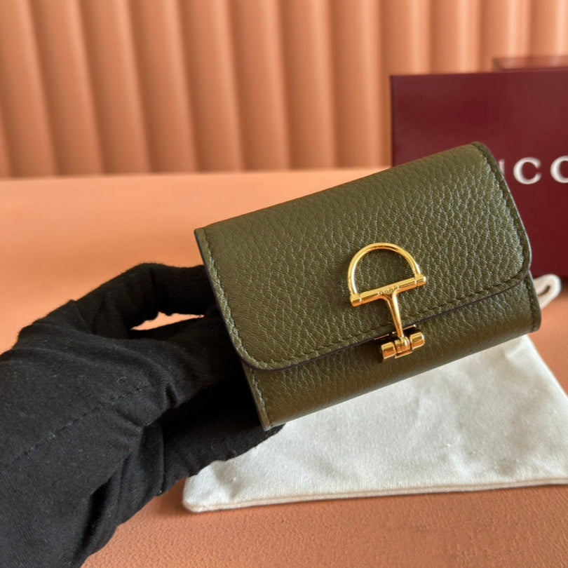 Gucci Softbit Card Case 10.5 in Green Grainy Calfskin Gold Hardware