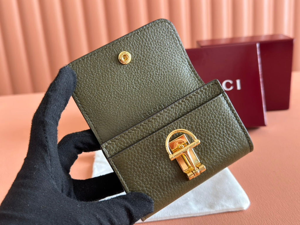 Gucci Softbit Card Case 10.5 in Green Grainy Calfskin Gold Hardware