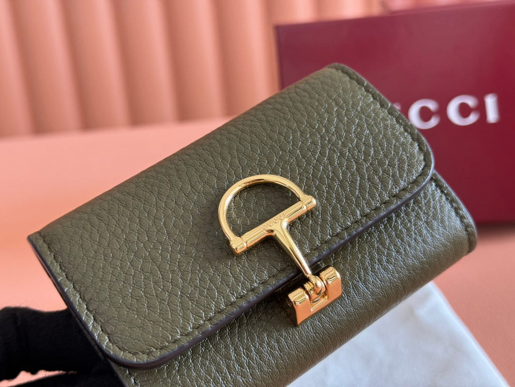 Gucci Softbit Card Case 10.5 in Green Grainy Calfskin Gold Hardware