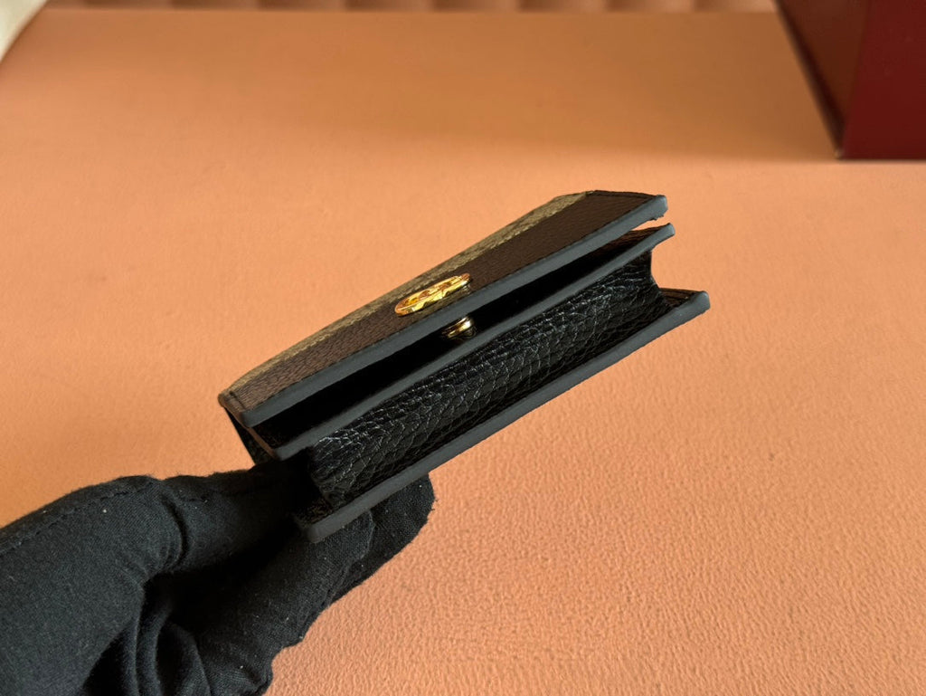 Gucci Marmont Bi-Colour Card Case Wallet 11 in Beige Ebony Canvas Black Calfskin