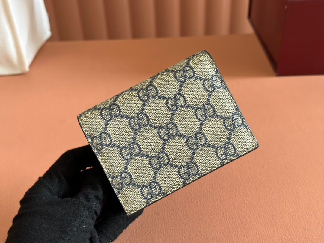 Gucci Marmont Bi-Colour Card Case Wallet 11 in Blue Beige Ebony Canvas Black Calfskin