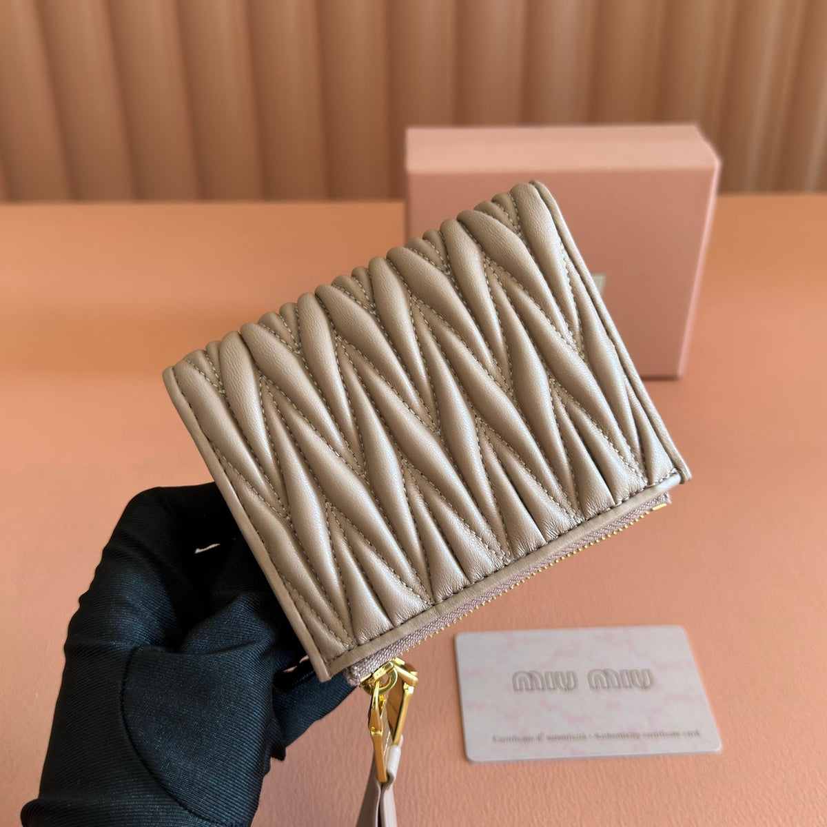 Miu Miu 26S Small Matelasse Card Holder 11 in Light Brown Calfskin Gold Hardware
