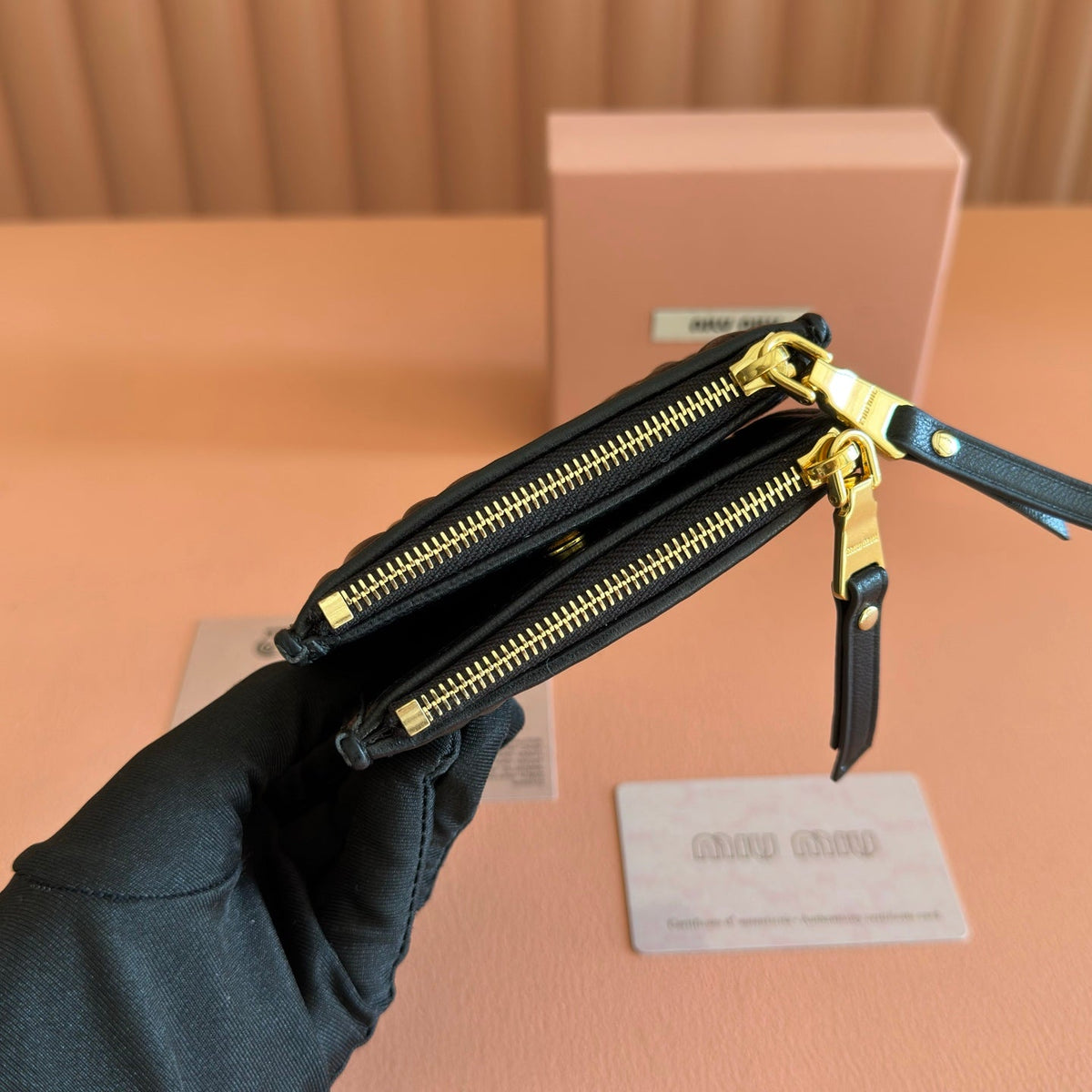 Miu Miu 26S Small Matelasse Card Holder 11 in Black Calfskin Gold Hardware