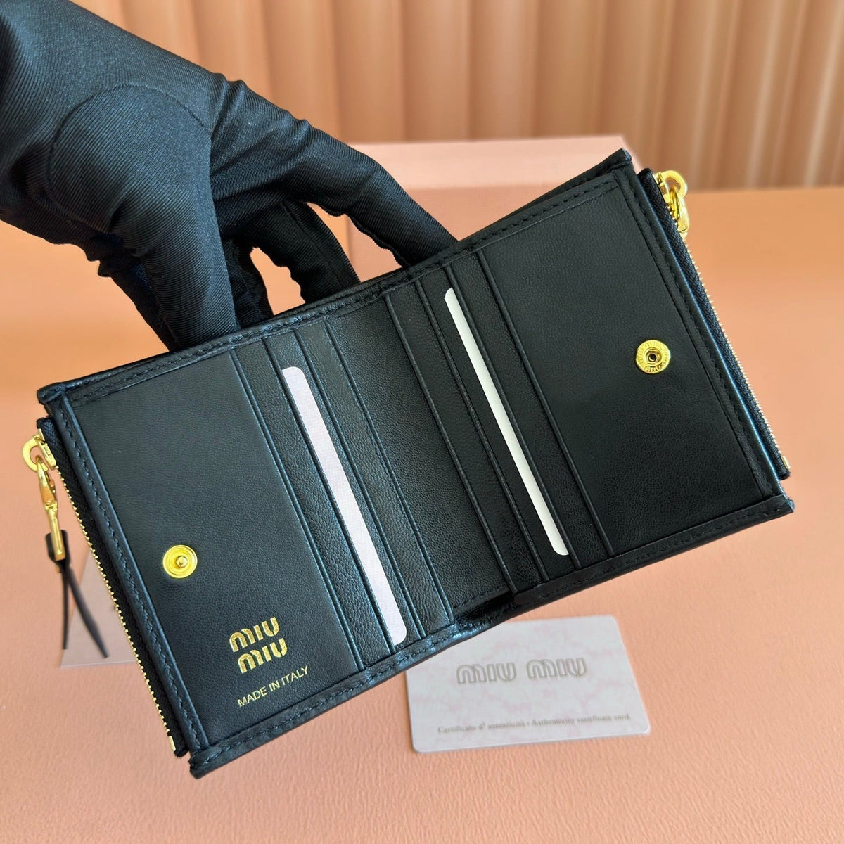 Miu Miu 26S Small Matelasse Card Holder 11 in Black Calfskin Gold Hardware