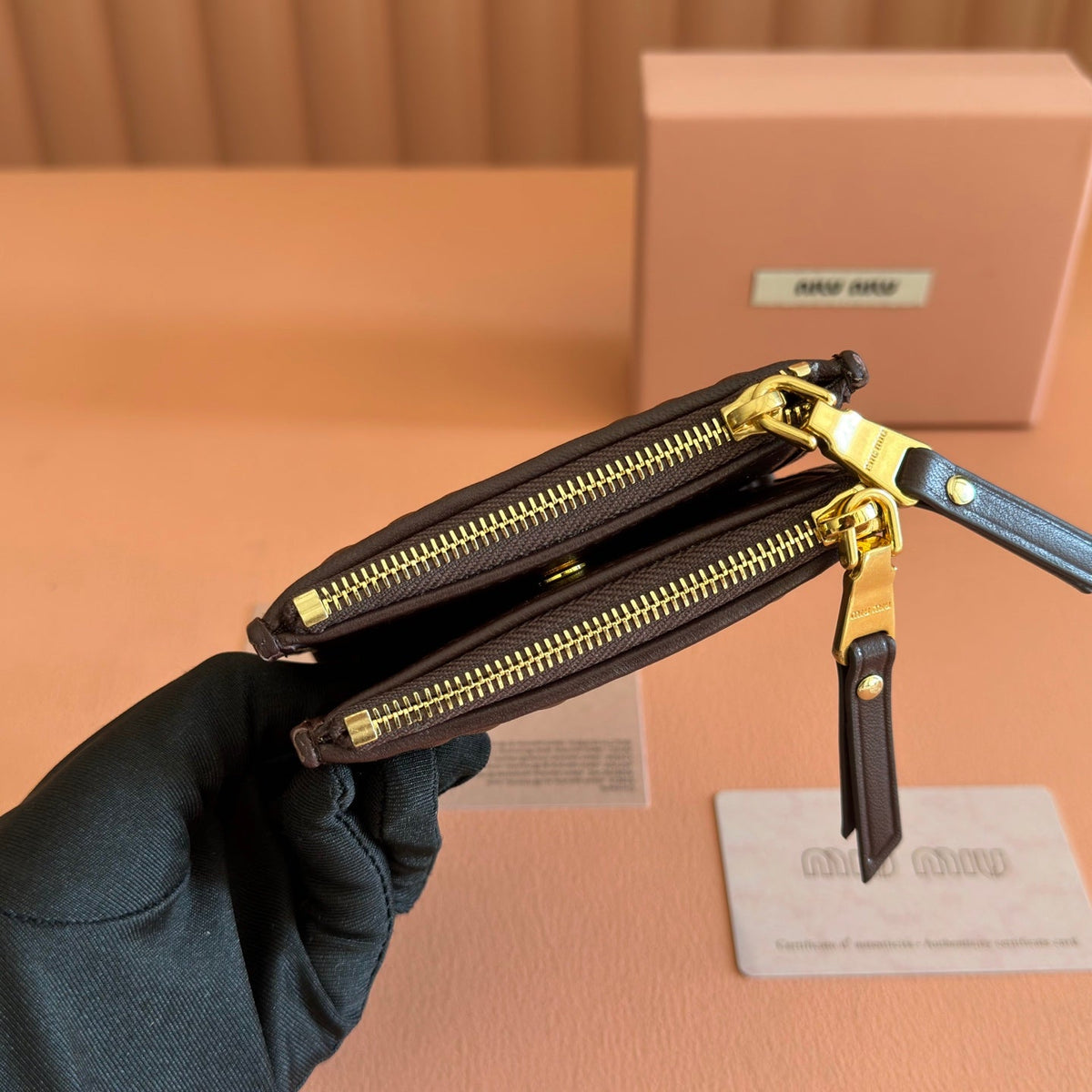 Miu Miu 26S Small Matelasse Card Holder 11 in Dark Brown Calfskin Gold Hardware